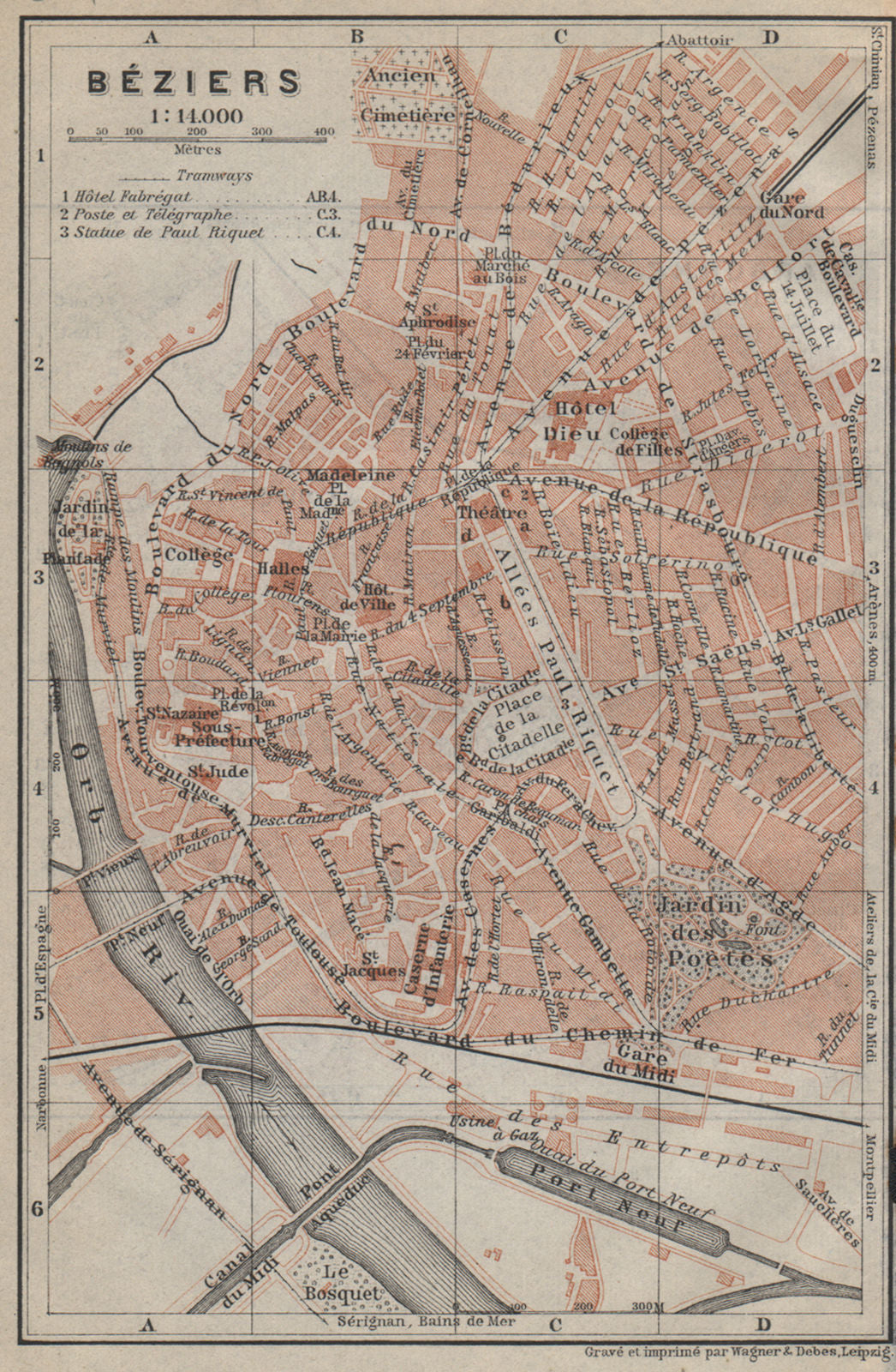 BÉZIERS antique town city plan de la ville. Hérault. Beziers carte 1914 map
